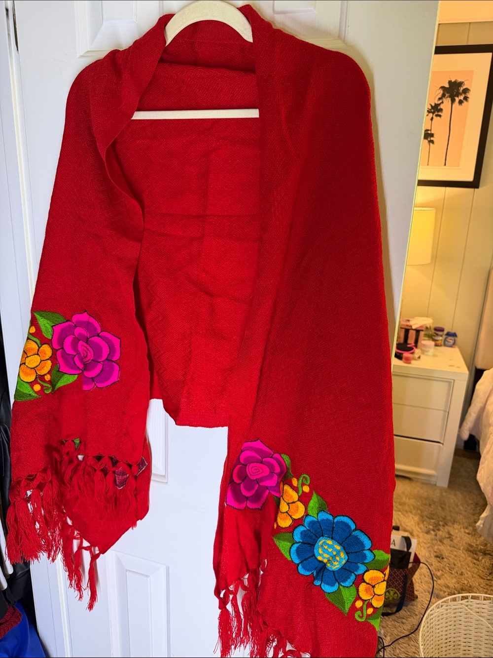 Women’s Red Floral Embroidered Swim Cover-Up Shawl